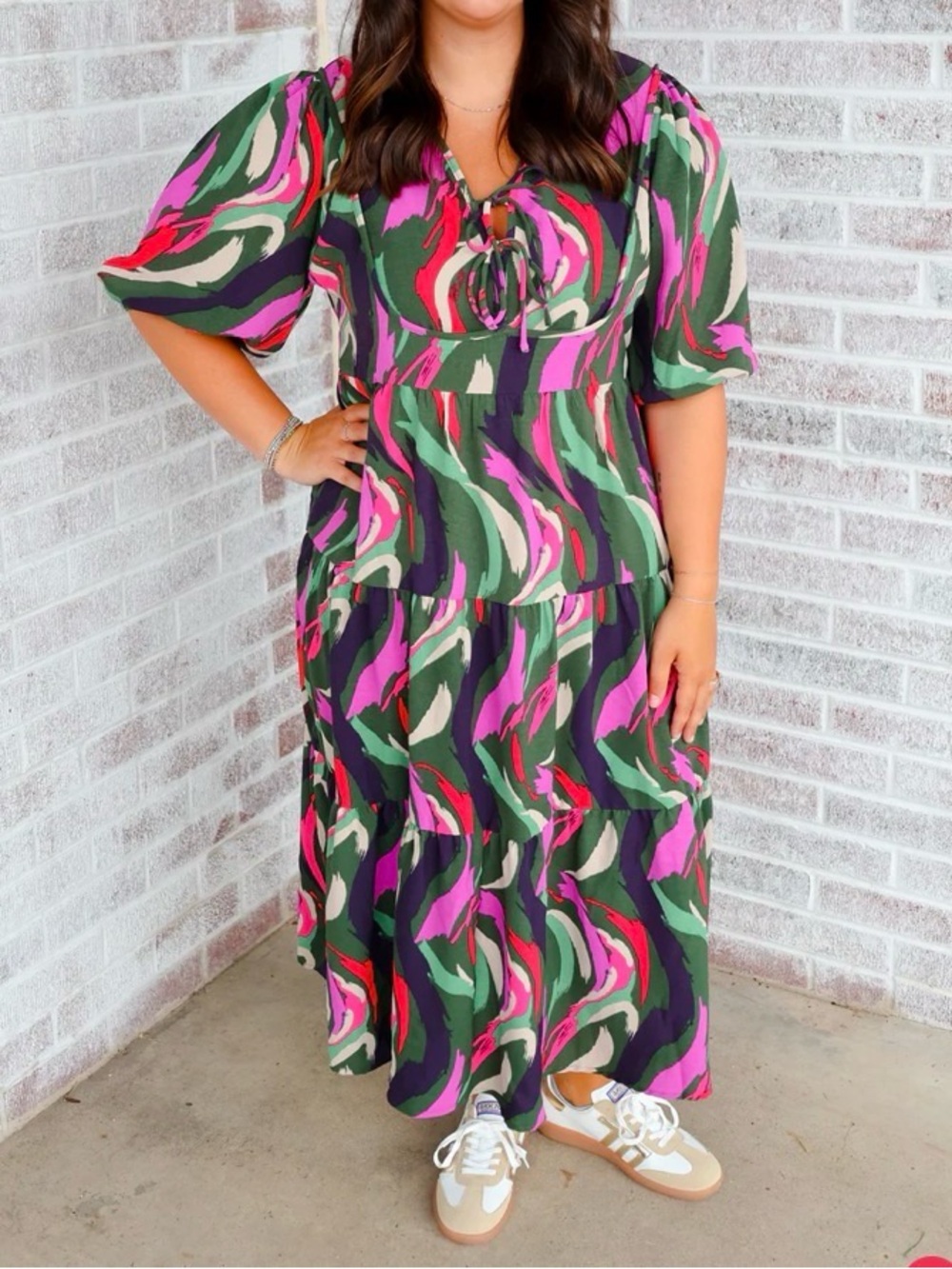 Women Pink & Green Abstract Print Vivey Dress - Go With The Flow Olive, Size 1X